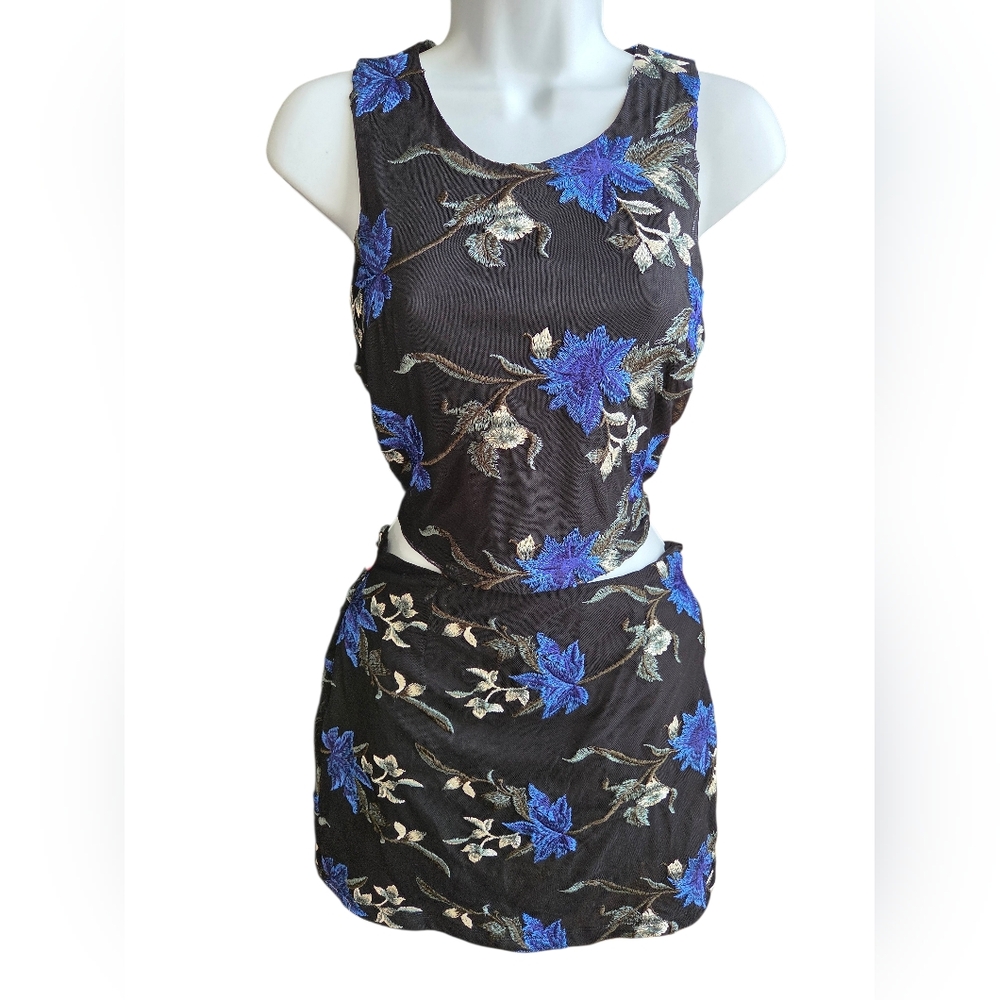 Lulu's Botanical Dream Black Floral Print Embroidered Two-Piece Dress Size XS/S